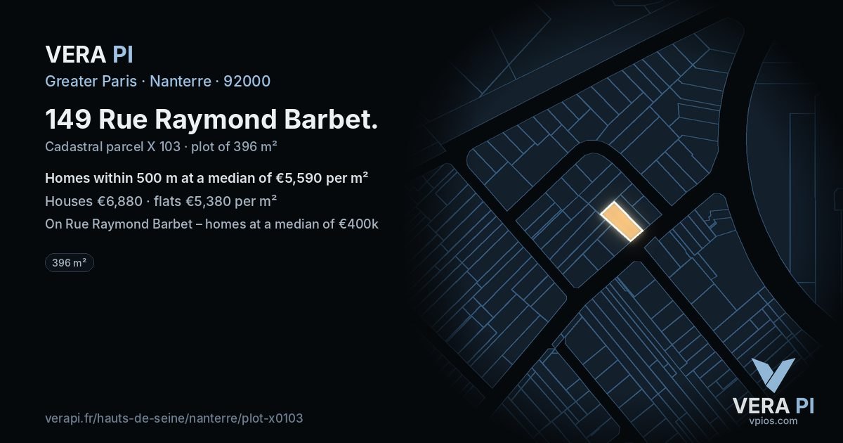 149 Rue Raymond Barbet, Nanterre at night – the plot lit, the parcels around coloured by the prices near them