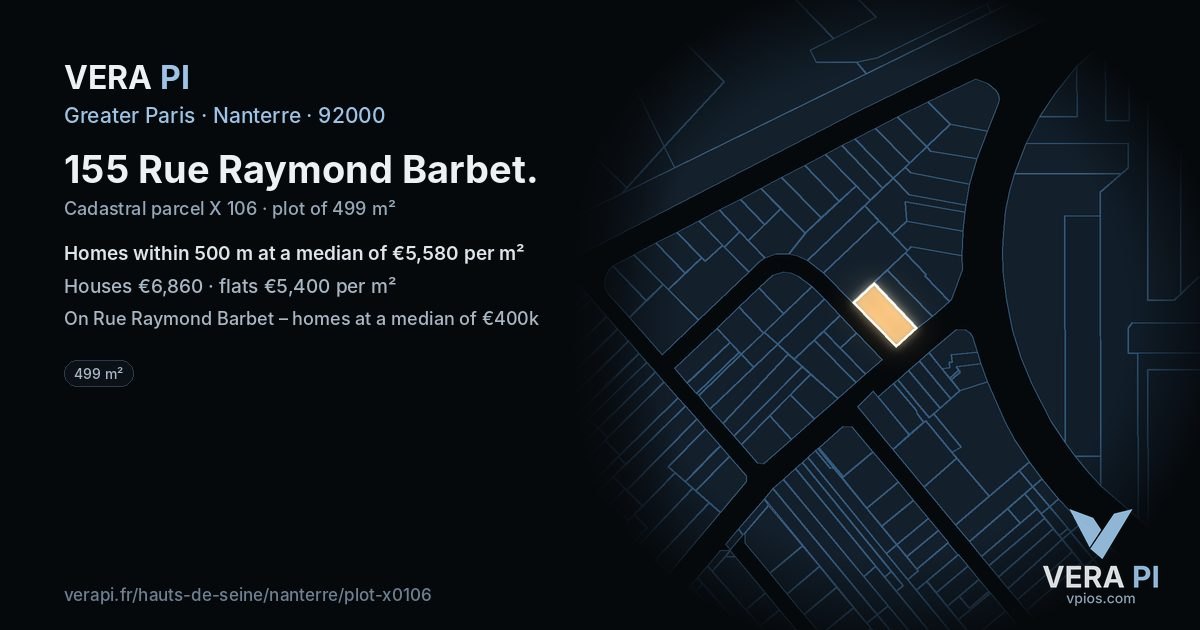 155 Rue Raymond Barbet, Nanterre at night – the plot lit, the parcels around coloured by the prices near them