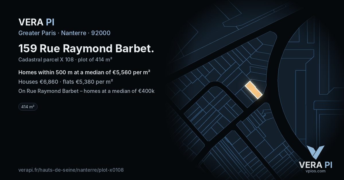 159 Rue Raymond Barbet, Nanterre at night – the plot lit, the parcels around coloured by the prices near them