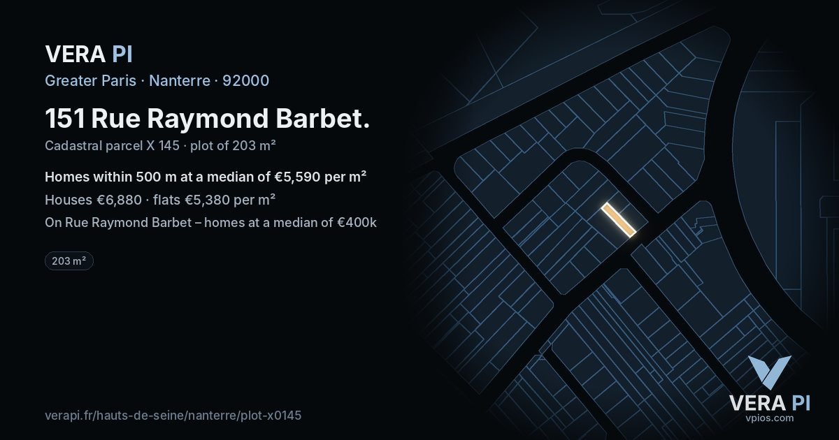 151 Rue Raymond Barbet, Nanterre at night – the plot lit, the parcels around coloured by the prices near them