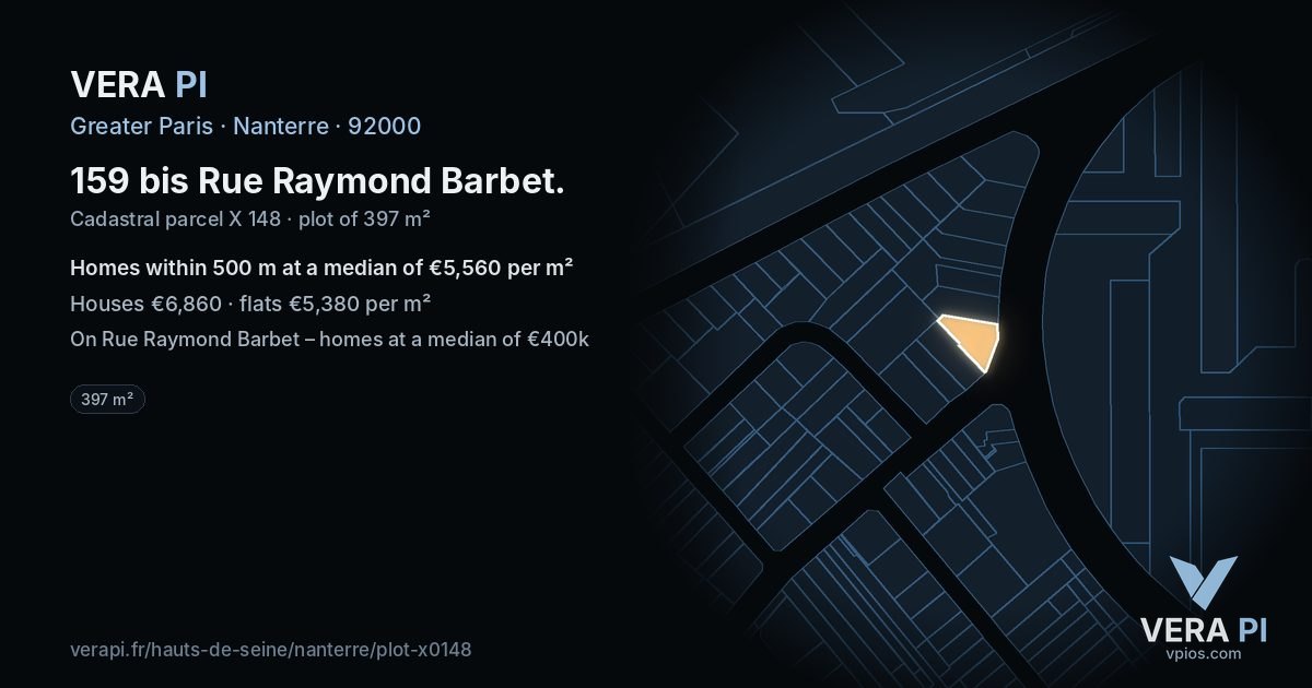 159 bis Rue Raymond Barbet, Nanterre at night – the plot lit, the parcels around coloured by the prices near them