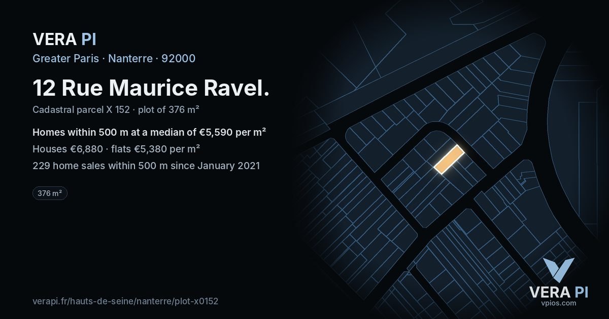 12 Rue Maurice Ravel, Nanterre at night – the plot lit, the parcels around coloured by the prices near them