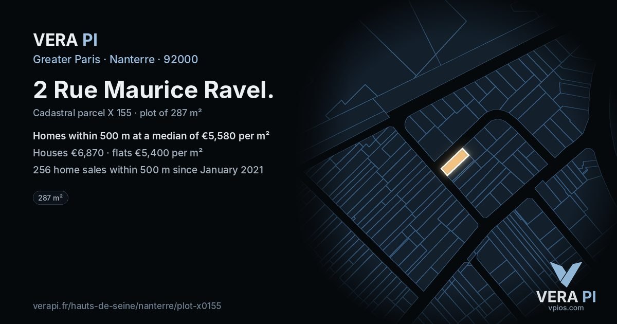 2 Rue Maurice Ravel, Nanterre at night – the plot lit, the parcels around coloured by the prices near them