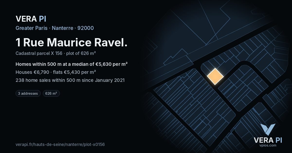 1 Rue Maurice Ravel, Nanterre at night – the plot lit, the parcels around coloured by the prices near them
