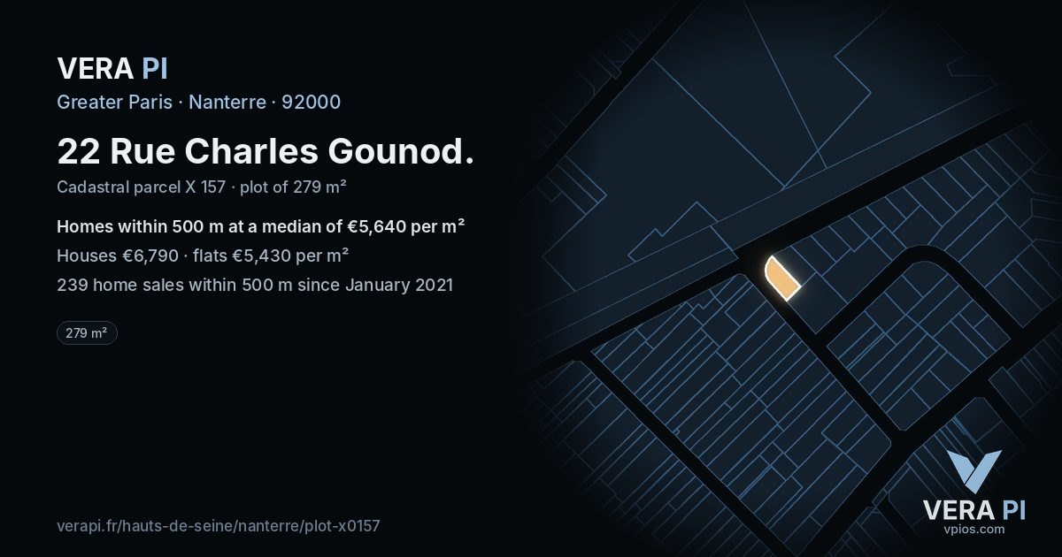22 Rue Charles Gounod, Nanterre at night – the plot lit, the parcels around coloured by the prices near them
