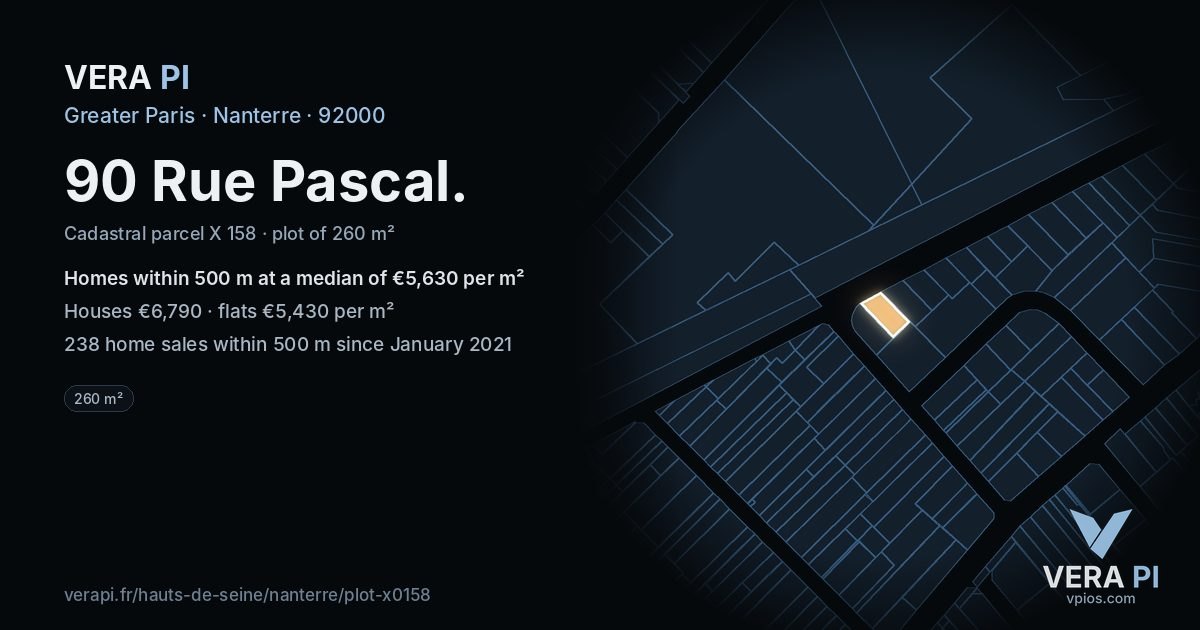 90 Rue Pascal, Nanterre at night – the plot lit, the parcels around coloured by the prices near them
