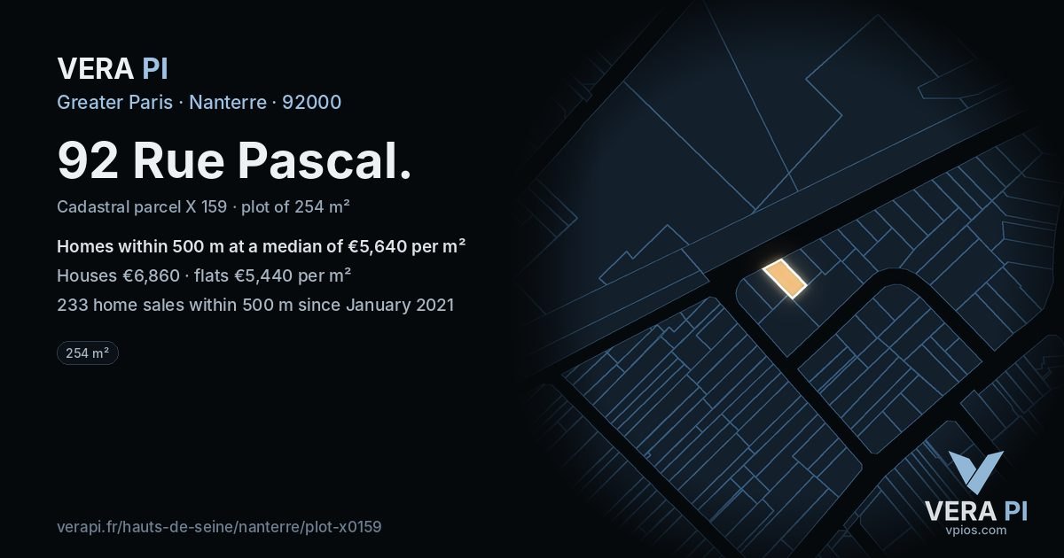92 Rue Pascal, Nanterre at night – the plot lit, the parcels around coloured by the prices near them
