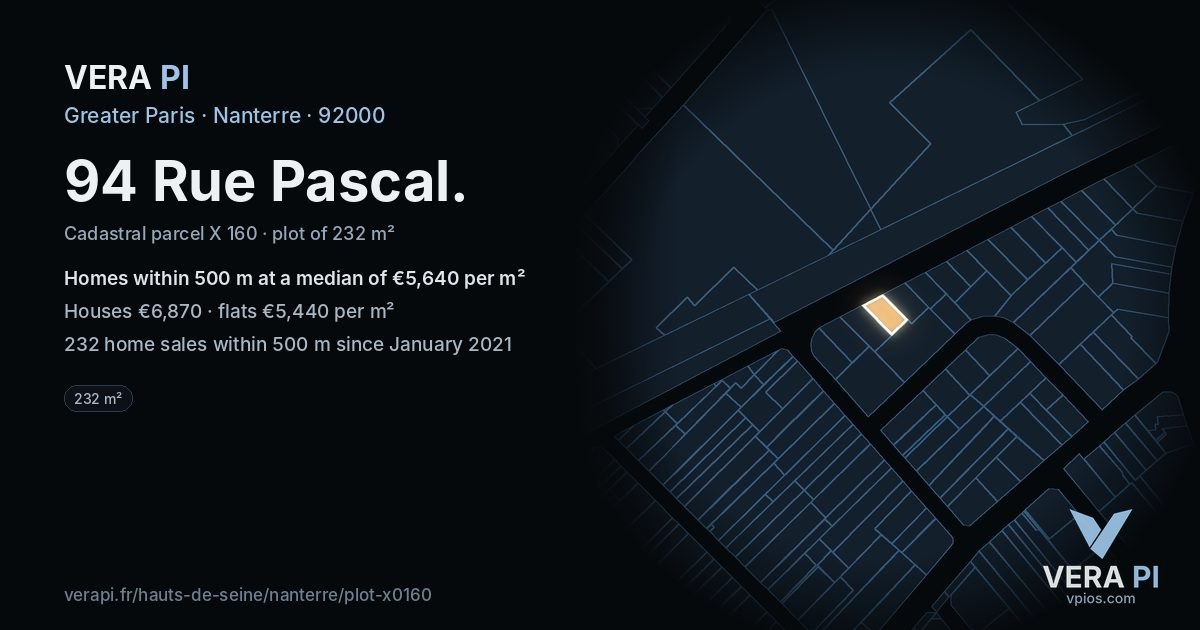 94 Rue Pascal, Nanterre at night – the plot lit, the parcels around coloured by the prices near them
