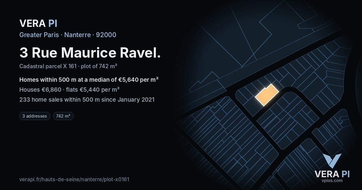 3 Rue Maurice Ravel, Nanterre at night – the plot lit, the parcels around coloured by the prices near them