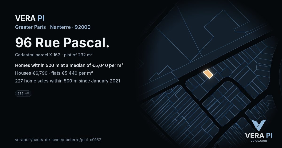 96 Rue Pascal, Nanterre at night – the plot lit, the parcels around coloured by the prices near them