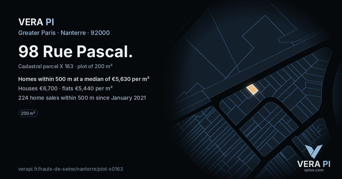 98 Rue Pascal, Nanterre at night – the plot lit, the parcels around coloured by the prices near them