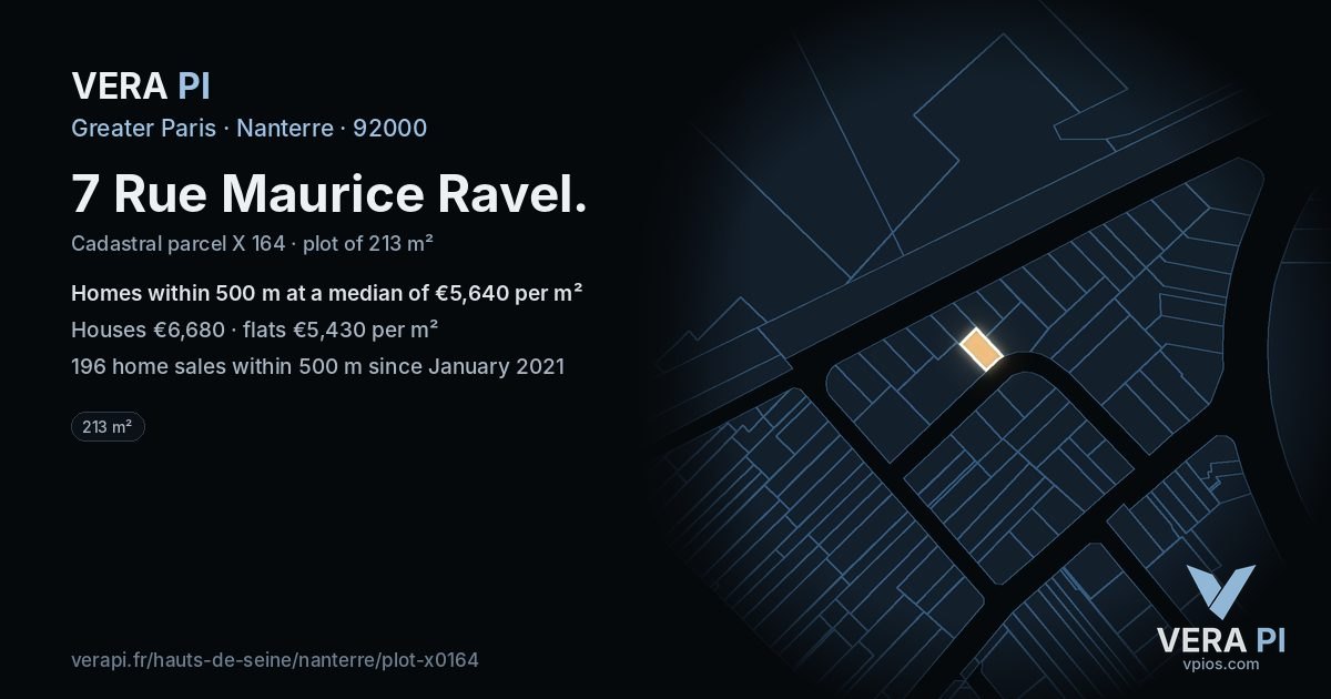 7 Rue Maurice Ravel, Nanterre at night – the plot lit, the parcels around coloured by the prices near them
