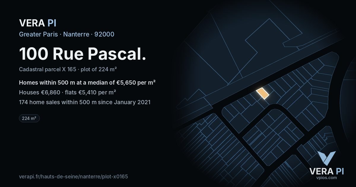 100 Rue Pascal, Nanterre at night – the plot lit, the parcels around coloured by the prices near them