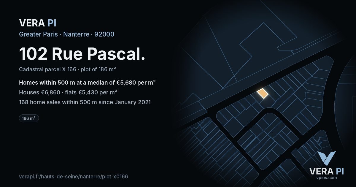 102 Rue Pascal, Nanterre at night – the plot lit, the parcels around coloured by the prices near them