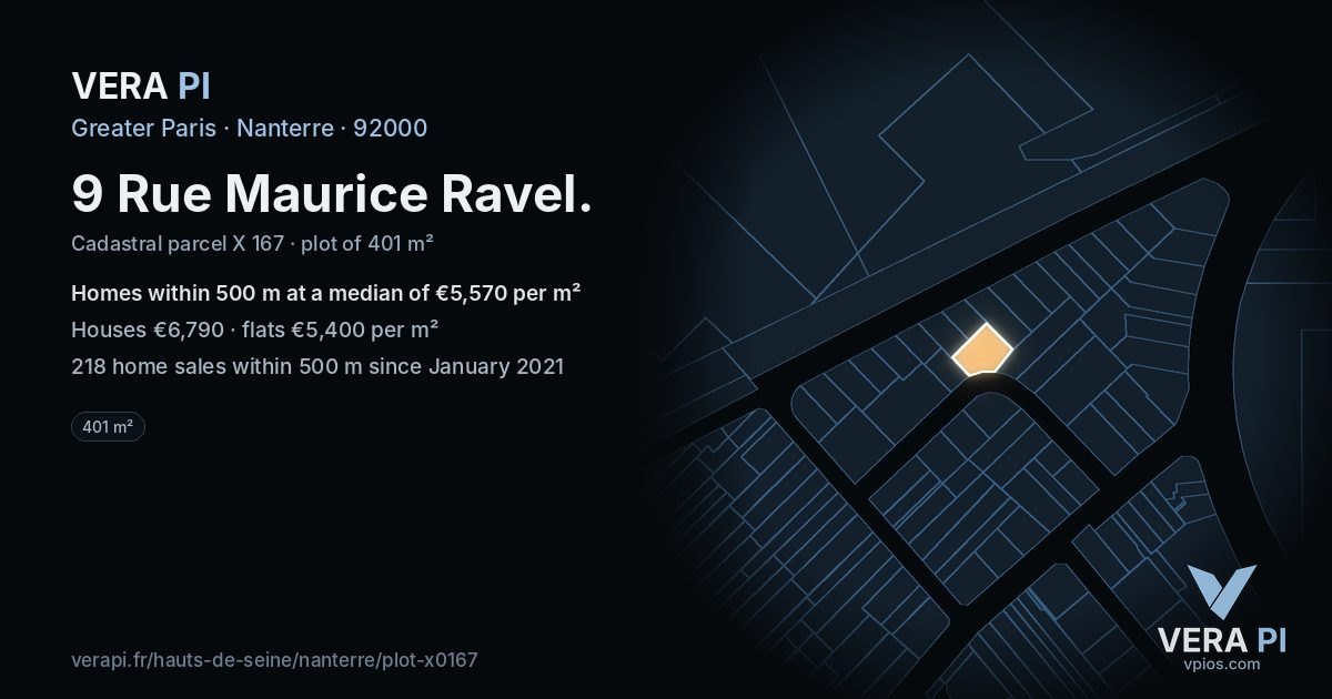 9 Rue Maurice Ravel, Nanterre at night – the plot lit, the parcels around coloured by the prices near them