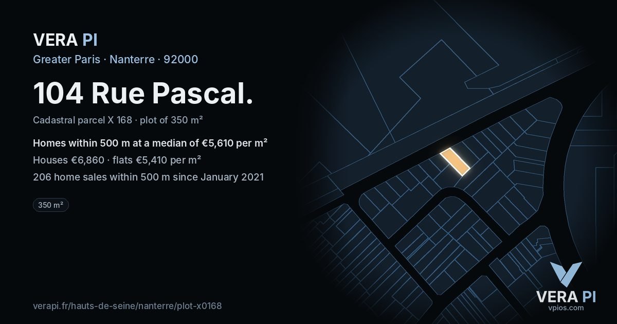 104 Rue Pascal, Nanterre at night – the plot lit, the parcels around coloured by the prices near them