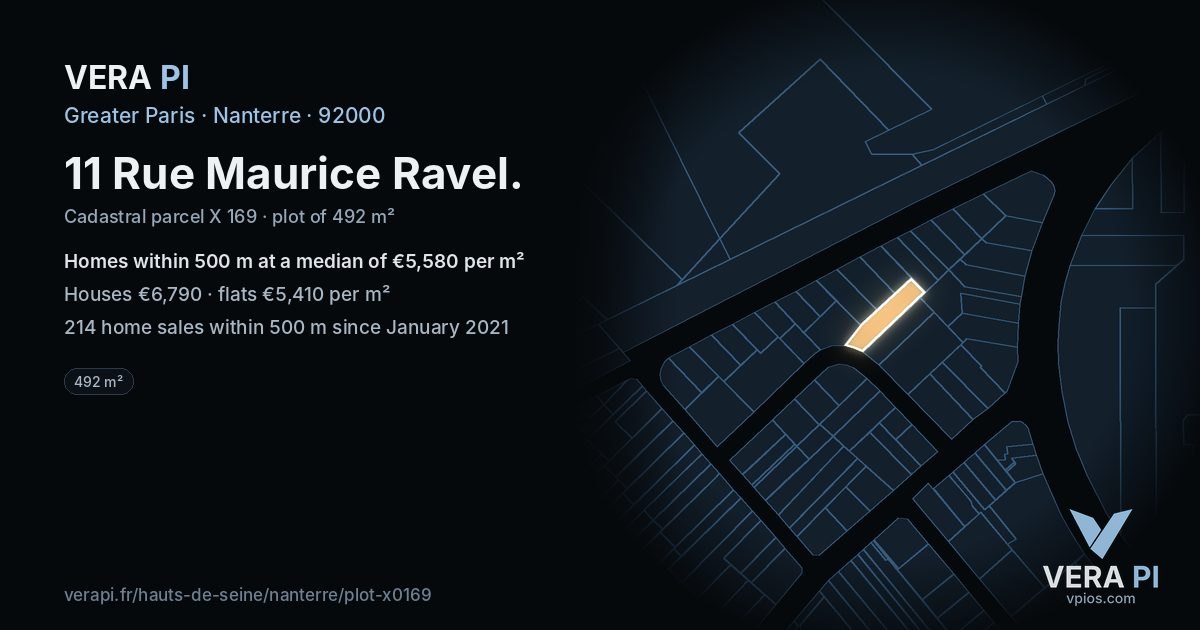 11 Rue Maurice Ravel, Nanterre at night – the plot lit, the parcels around coloured by the prices near them