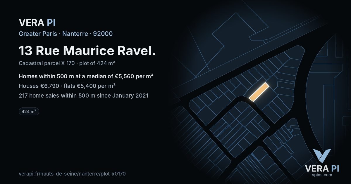 13 Rue Maurice Ravel, Nanterre at night – the plot lit, the parcels around coloured by the prices near them