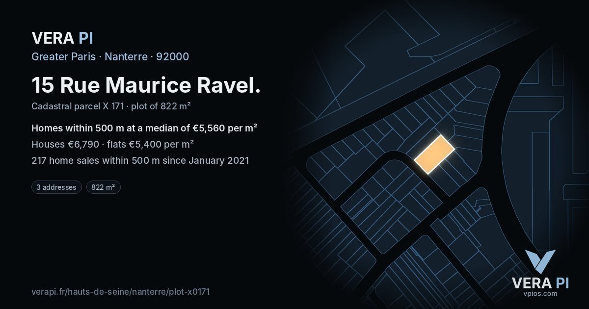 15 Rue Maurice Ravel, Nanterre at night – the plot lit, the parcels around coloured by the prices near them
