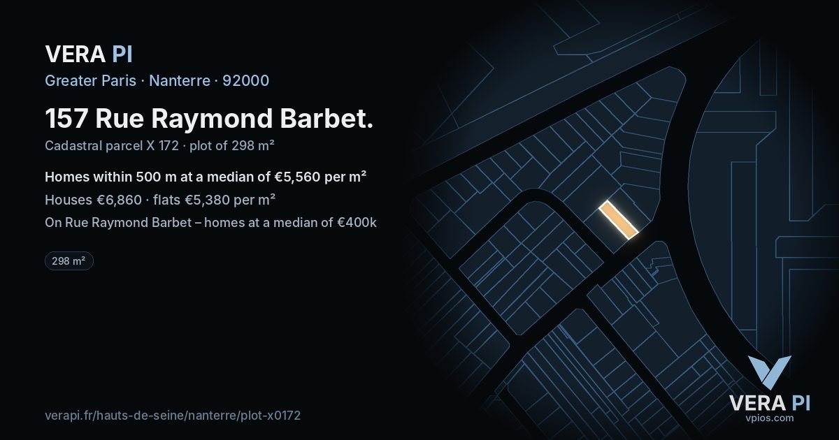 157 Rue Raymond Barbet, Nanterre at night – the plot lit, the parcels around coloured by the prices near them