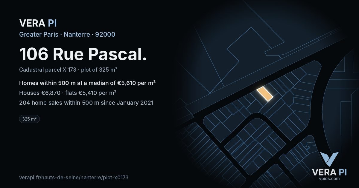106 Rue Pascal, Nanterre at night – the plot lit, the parcels around coloured by the prices near them