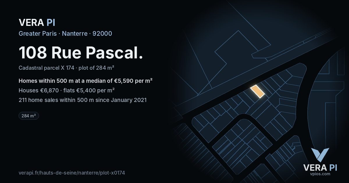 108 Rue Pascal, Nanterre at night – the plot lit, the parcels around coloured by the prices near them