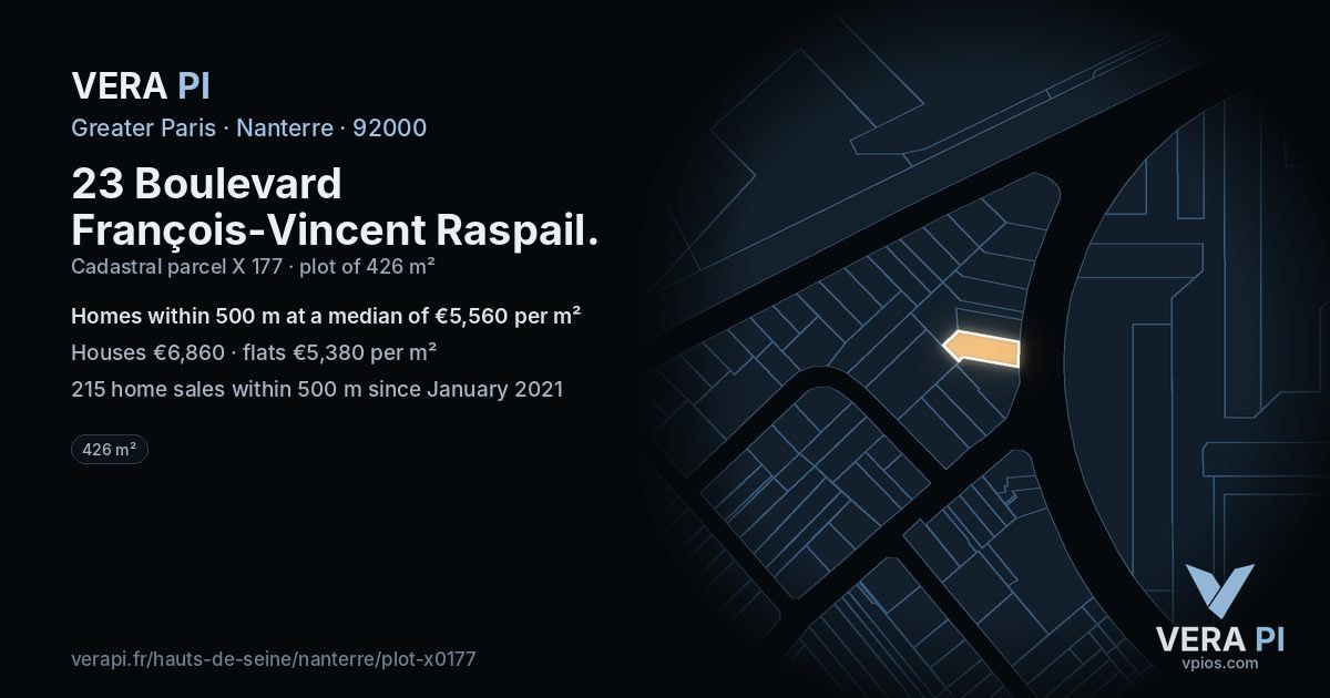 23 Boulevard François-Vincent Raspail, Nanterre at night – the plot lit, the parcels around coloured by the prices near them