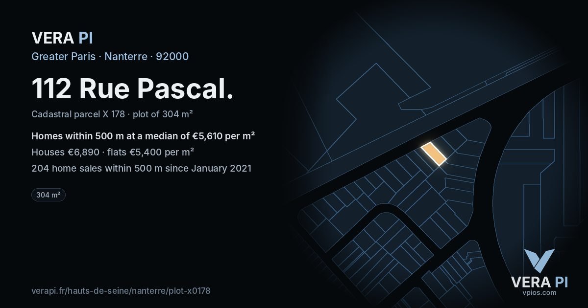 112 Rue Pascal, Nanterre at night – the plot lit, the parcels around coloured by the prices near them