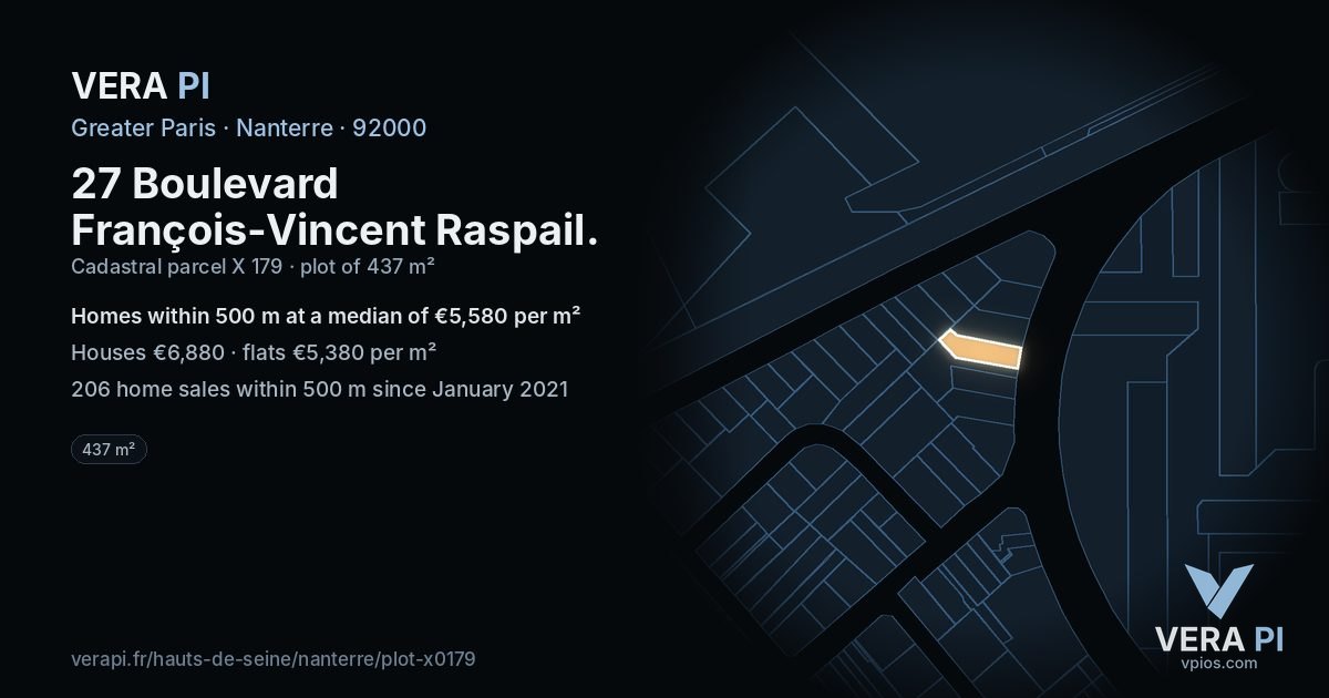 27 Boulevard François-Vincent Raspail, Nanterre at night – the plot lit, the parcels around coloured by the prices near them