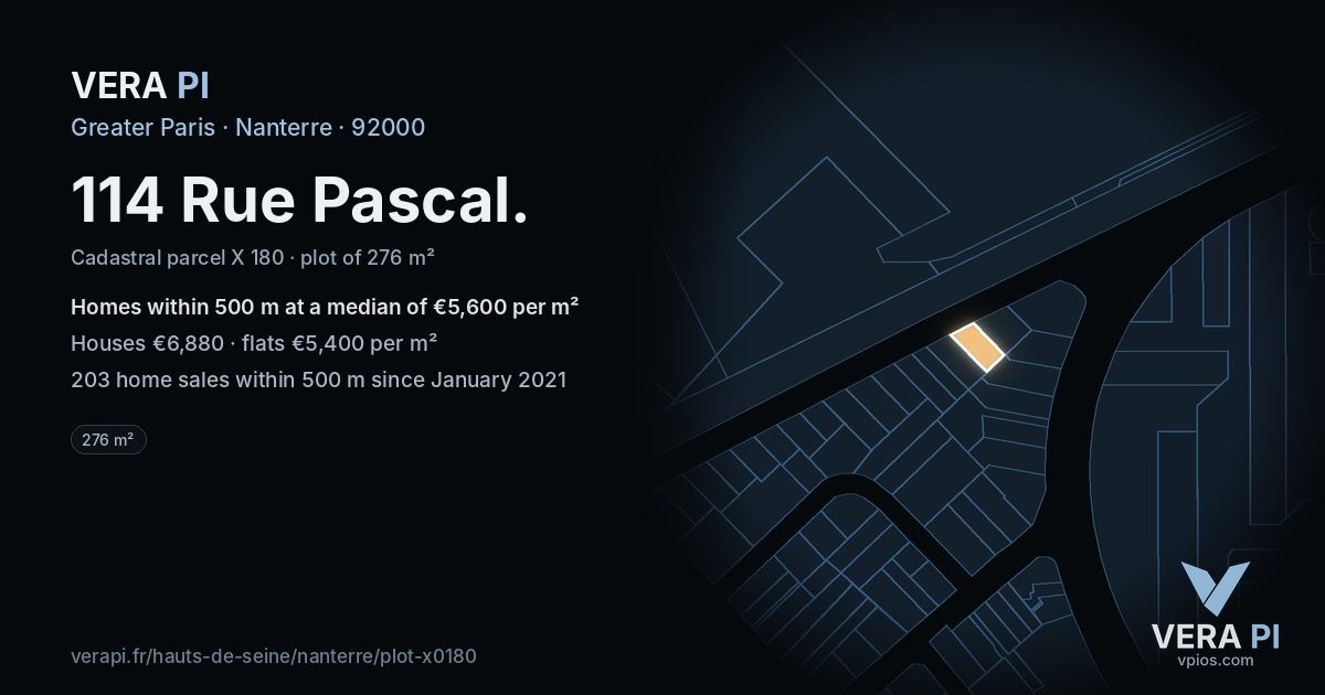 114 Rue Pascal, Nanterre at night – the plot lit, the parcels around coloured by the prices near them
