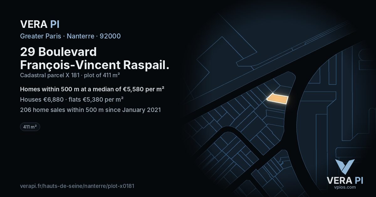 29 Boulevard François-Vincent Raspail, Nanterre at night – the plot lit, the parcels around coloured by the prices near them