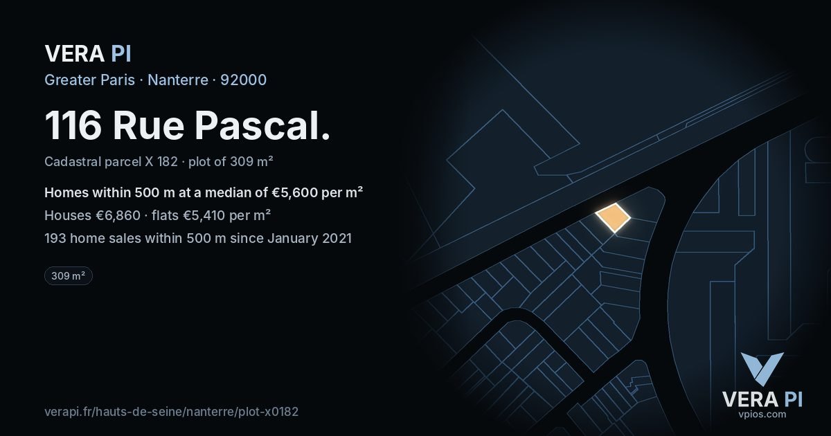 116 Rue Pascal, Nanterre at night – the plot lit, the parcels around coloured by the prices near them