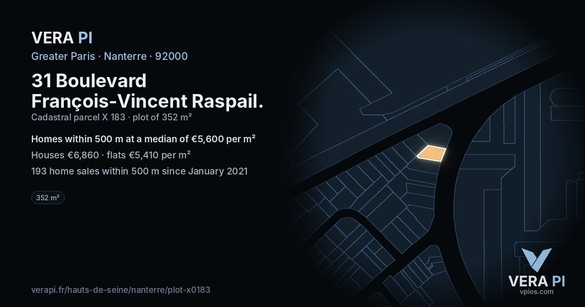 31 Boulevard François-Vincent Raspail, Nanterre at night – the plot lit, the parcels around coloured by the prices near them