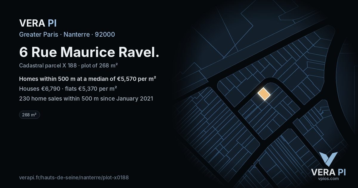6 Rue Maurice Ravel, Nanterre at night – the plot lit, the parcels around coloured by the prices near them
