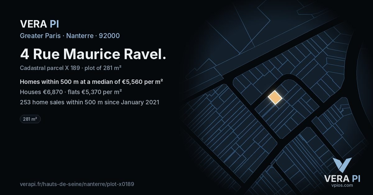 4 Rue Maurice Ravel, Nanterre at night – the plot lit, the parcels around coloured by the prices near them