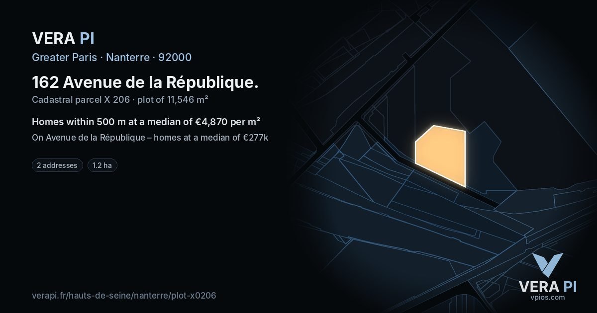 162 Avenue de la République, Nanterre at night – the plot lit, the parcels around coloured by the prices near them