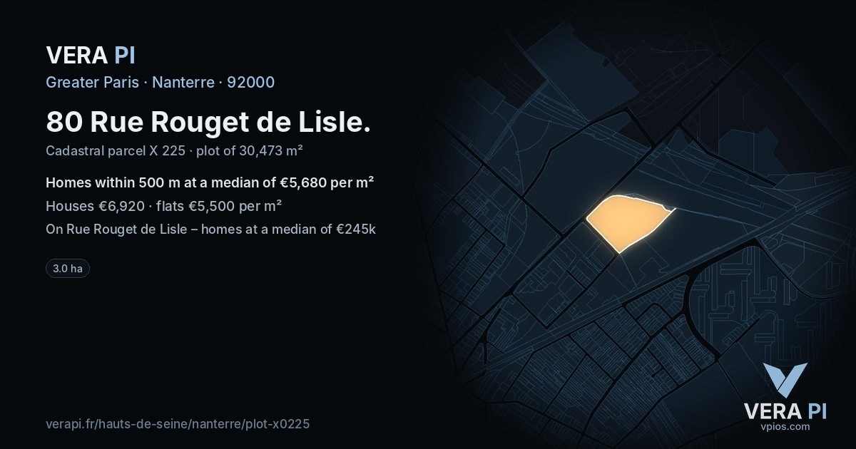 80 Rue Rouget de Lisle, Nanterre at night – the plot lit, the parcels around coloured by the prices near them