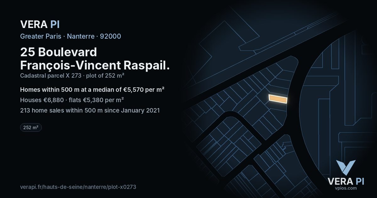 25 Boulevard François-Vincent Raspail, Nanterre at night – the plot lit, the parcels around coloured by the prices near them