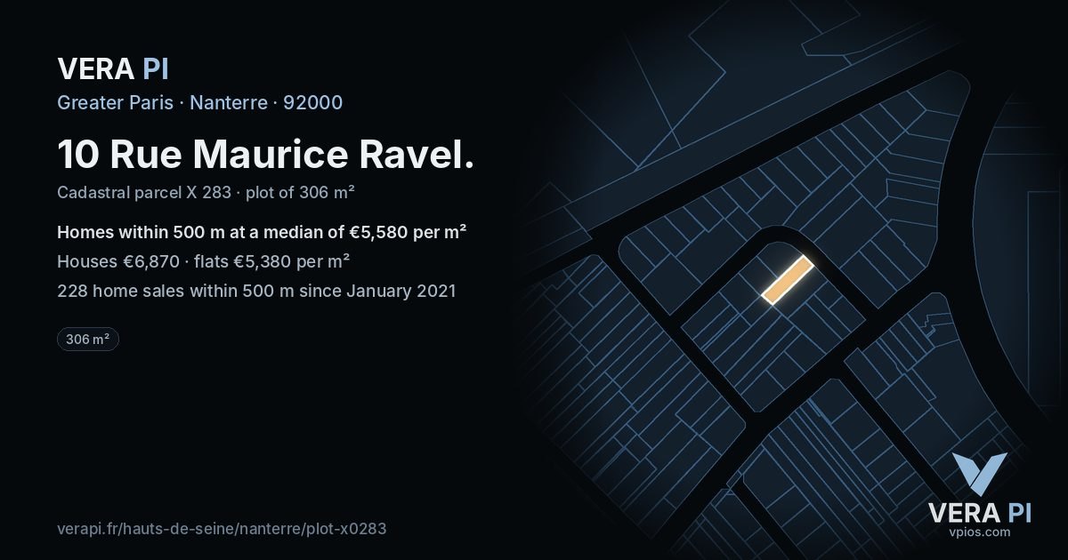 10 Rue Maurice Ravel, Nanterre at night – the plot lit, the parcels around coloured by the prices near them