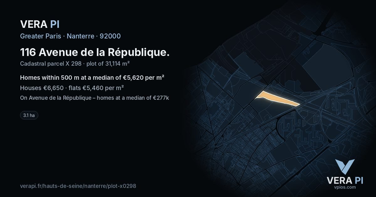 116 Avenue de la République, Nanterre at night – the plot lit, the parcels around coloured by the prices near them