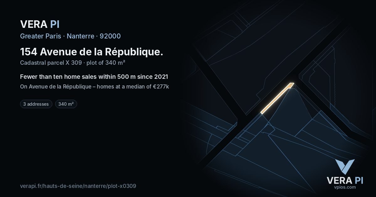 154 Avenue de la République, Nanterre at night – the plot lit, the parcels around coloured by the prices near them