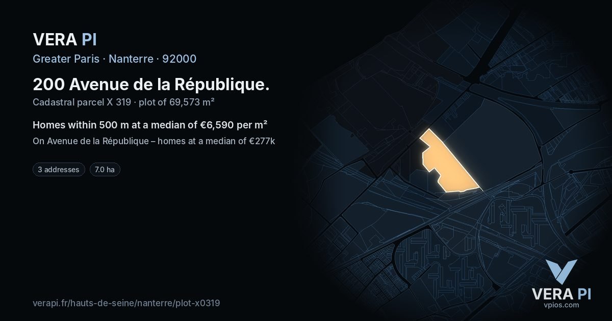 200 Avenue de la République, Nanterre at night – the plot lit, the parcels around coloured by the prices near them