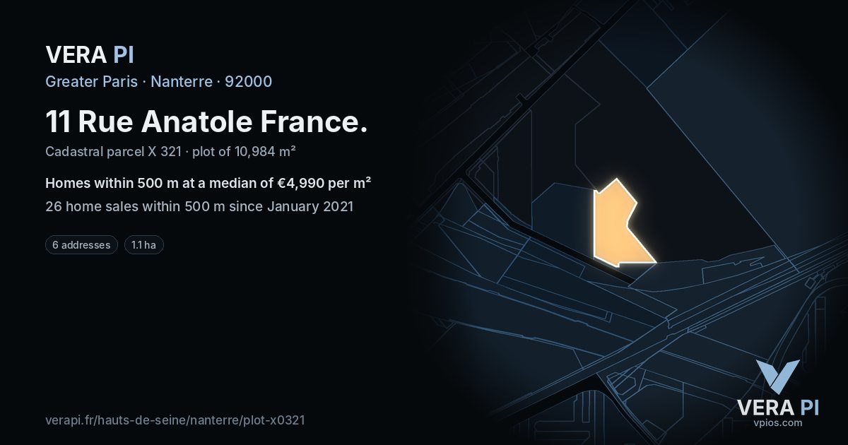 11 Rue Anatole France, Nanterre at night – the plot lit, the parcels around coloured by the prices near them