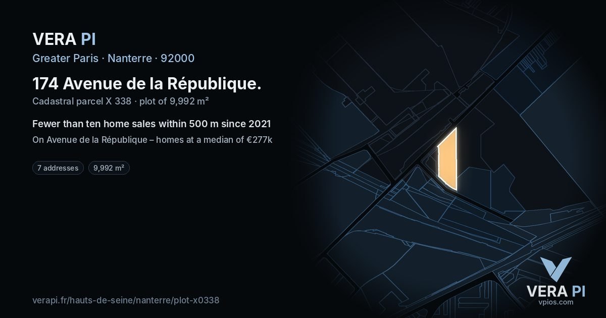 174 Avenue de la République, Nanterre at night – the plot lit, the parcels around coloured by the prices near them