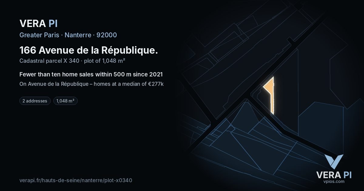 166 Avenue de la République, Nanterre at night – the plot lit, the parcels around coloured by the prices near them