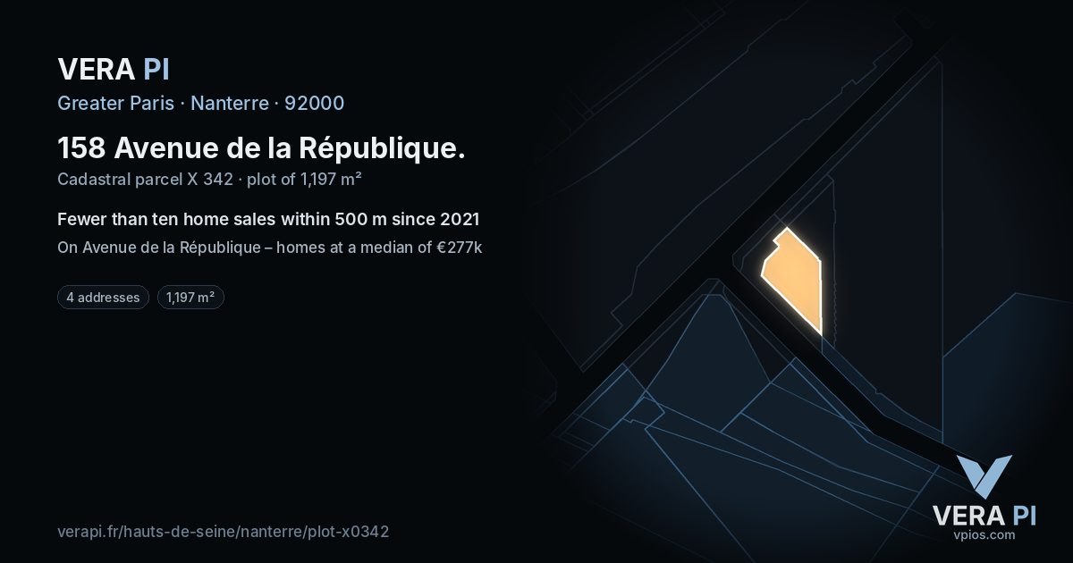158 Avenue de la République, Nanterre at night – the plot lit, the parcels around coloured by the prices near them
