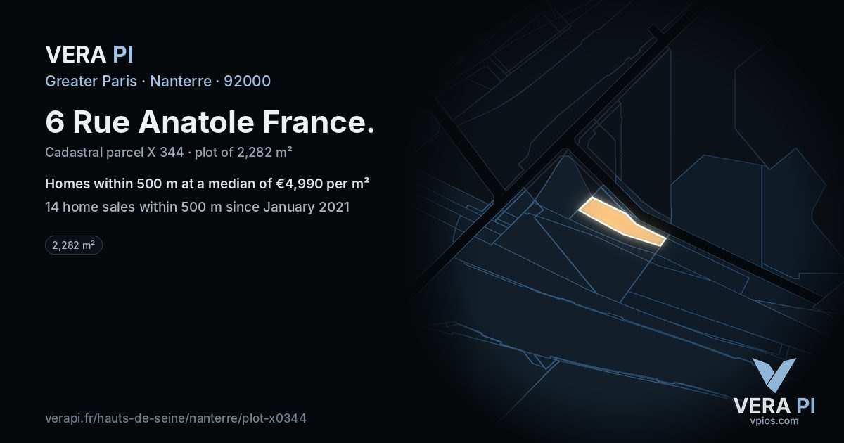 6 Rue Anatole France, Nanterre at night – the plot lit, the parcels around coloured by the prices near them