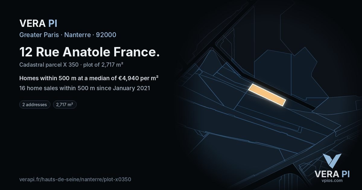 12 Rue Anatole France, Nanterre at night – the plot lit, the parcels around coloured by the prices near them