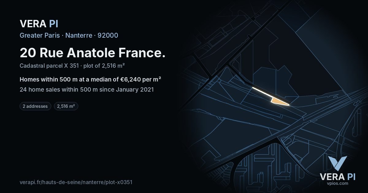 20 Rue Anatole France, Nanterre at night – the plot lit, the parcels around coloured by the prices near them