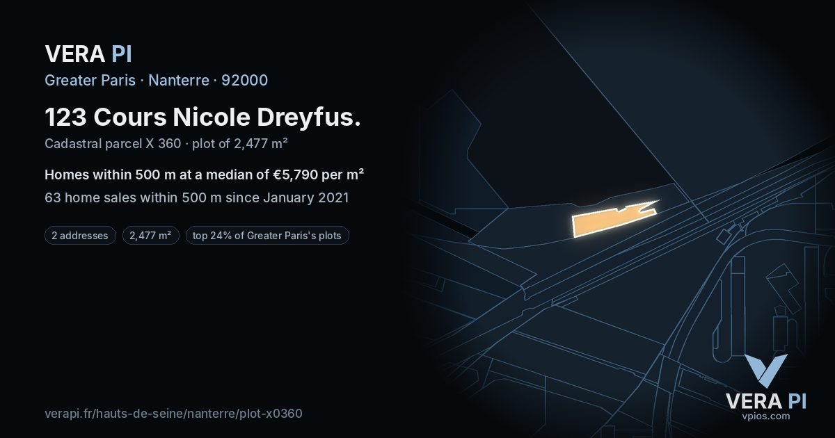 123 Cours Nicole Dreyfus, Nanterre at night – the plot lit, the parcels around coloured by the prices near them
